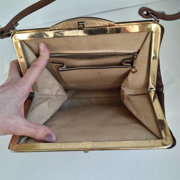 Vintage 1950's/60's Brown Lizard Structured Satchel Handbag - Picture 10 of 12